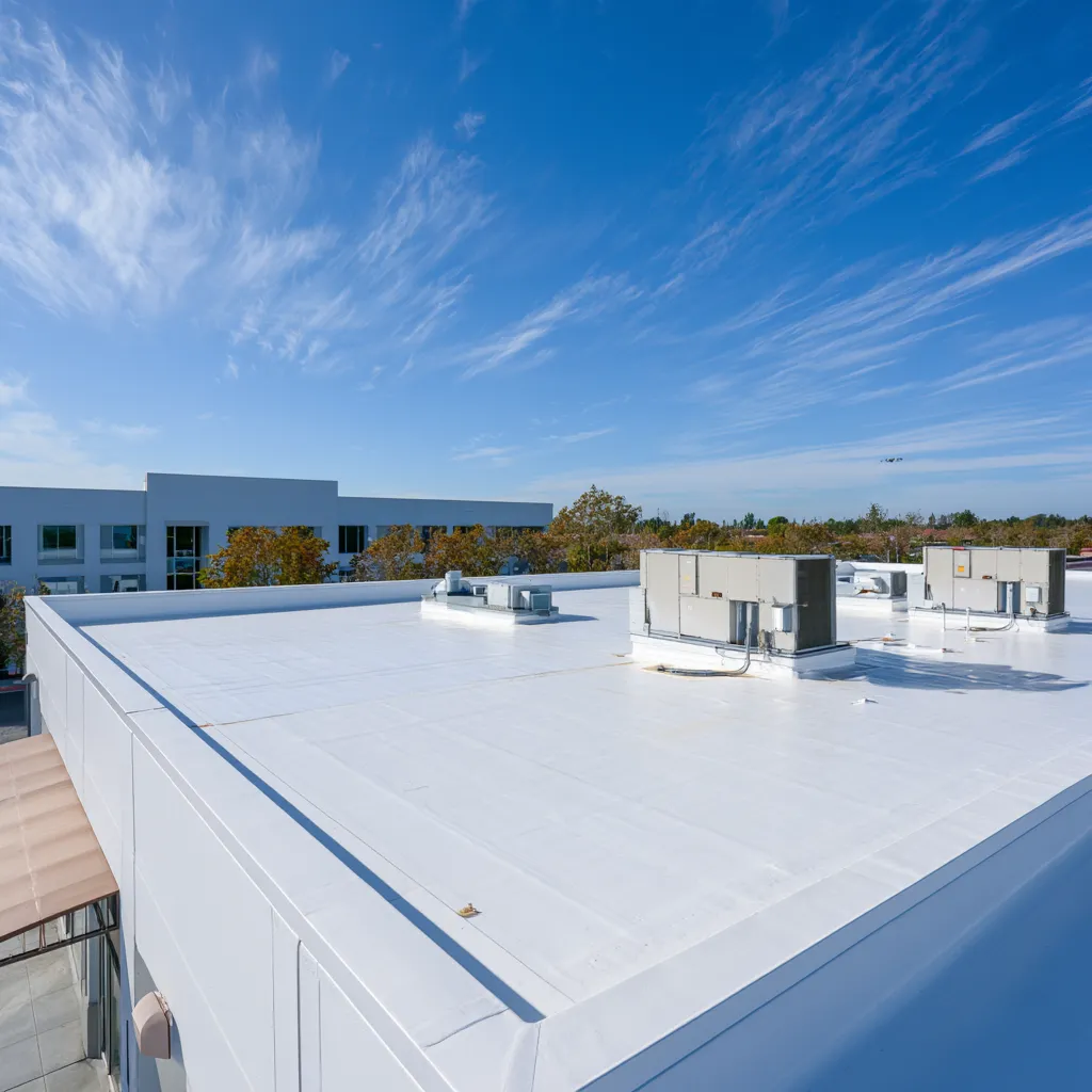 Flat commercial roof with packaged HVAC units near an office building