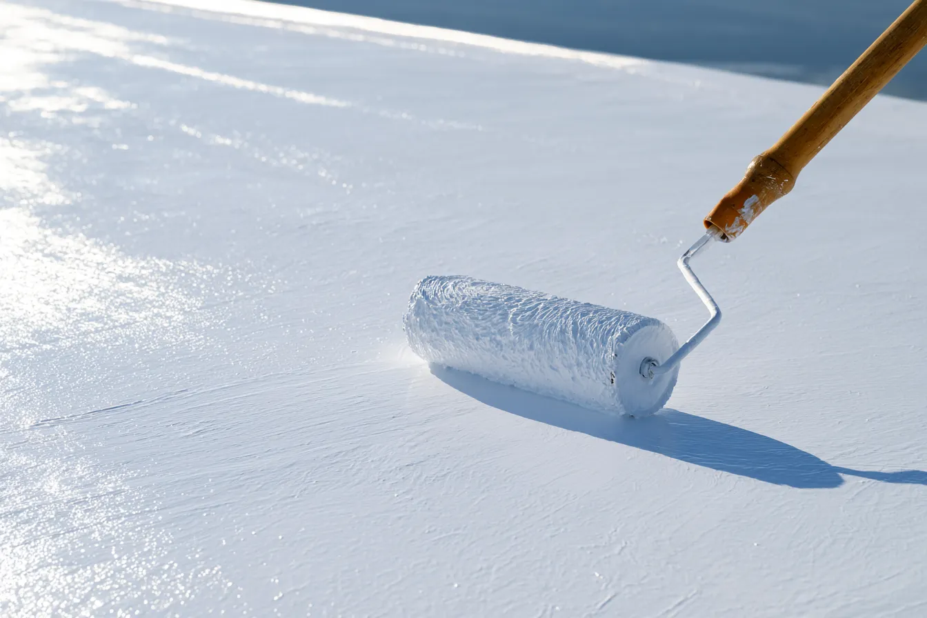 A paint roller spreads white coating across a roof surface up close