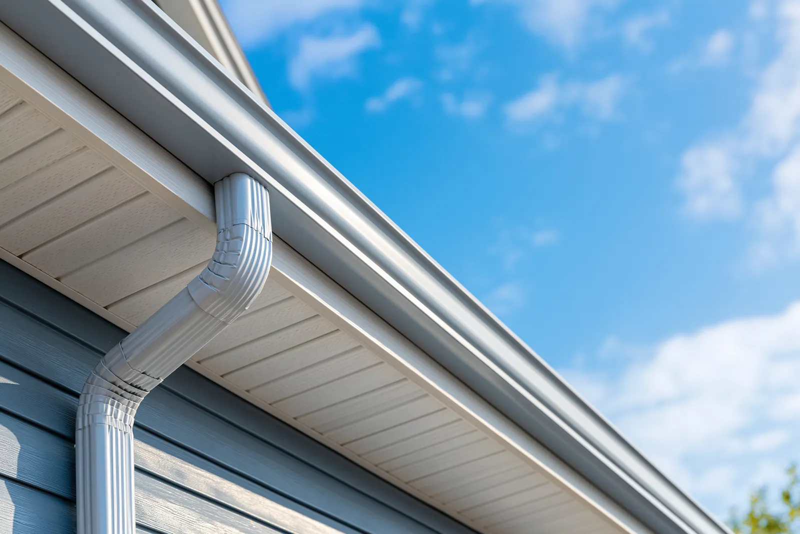 Ribbed downspout and white gutter set against gray lap siding