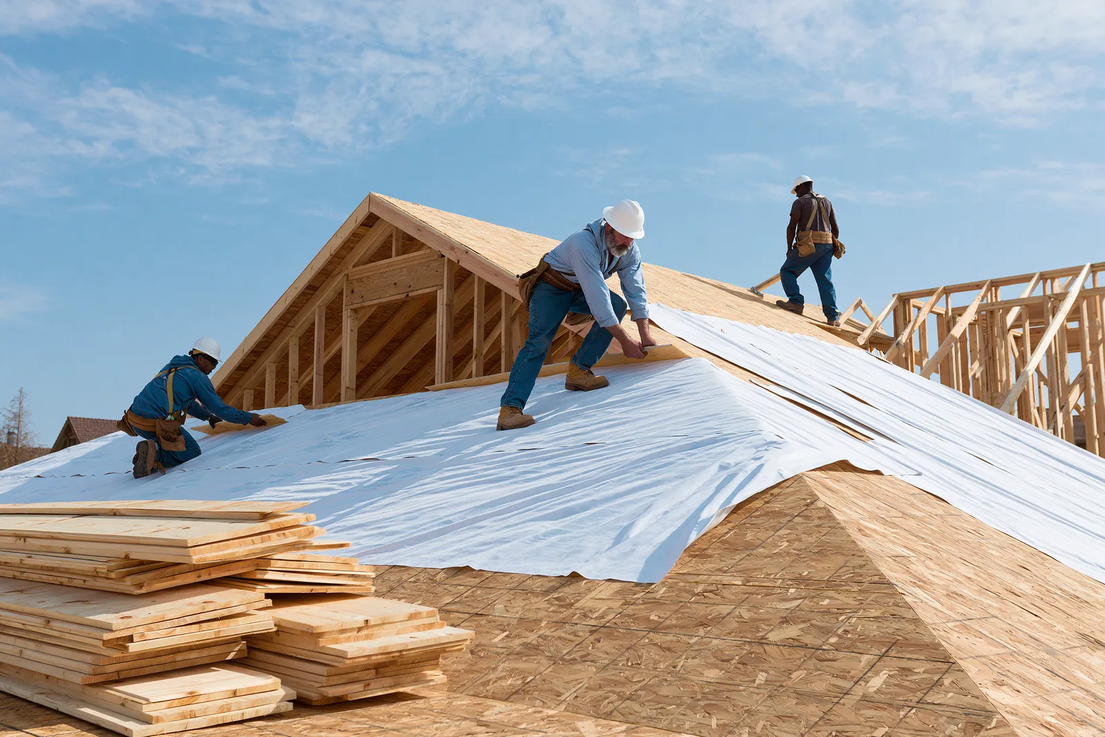 Underlayment being rolled across roof decking as roofers work with stacked lumber nearby