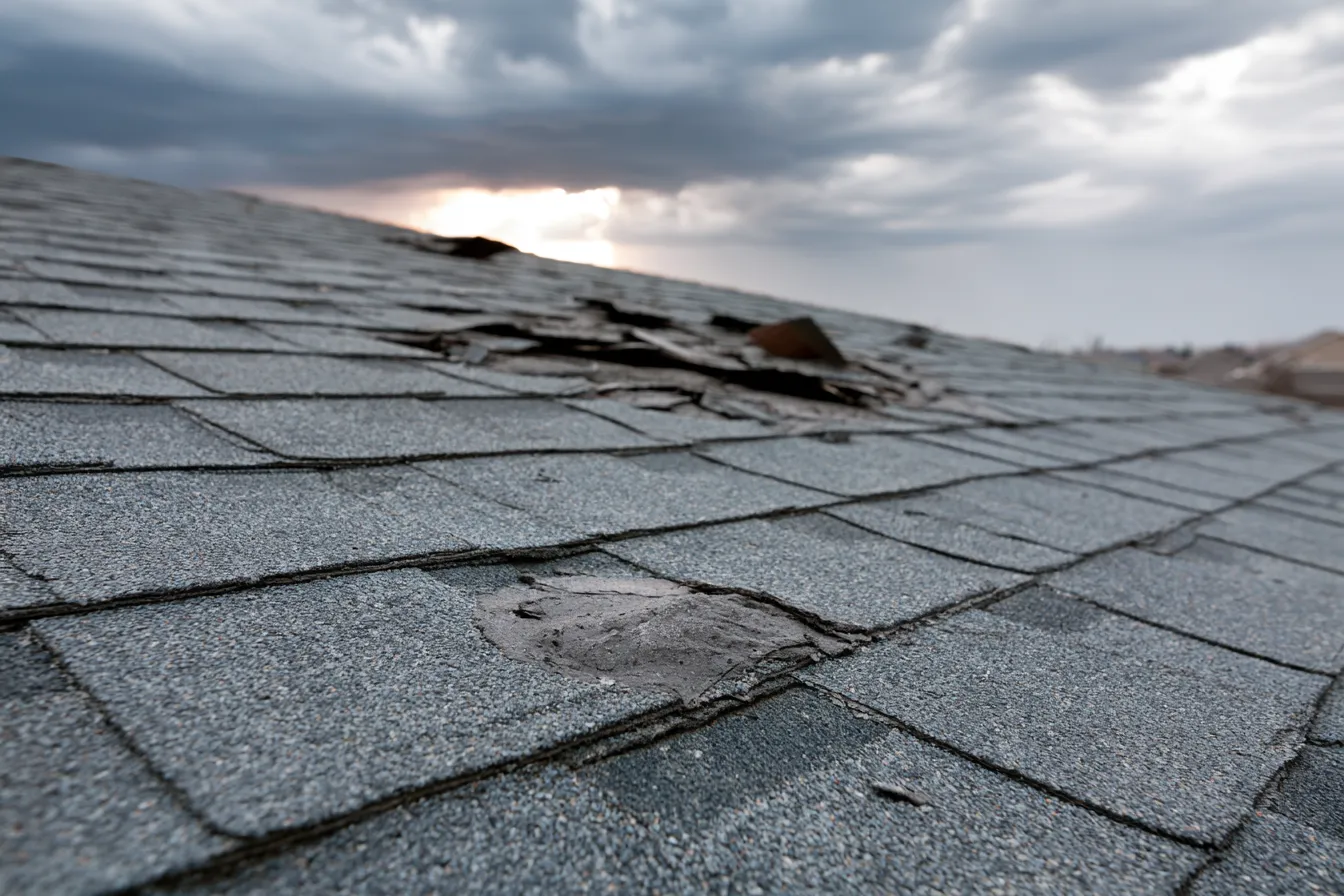 Exposed dark patch and torn shingles beneath a brooding sky